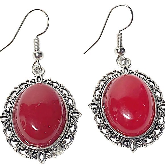 Red Malaysian jade oval gemstone earrings with stainless steel hook - Picture 6 of 6